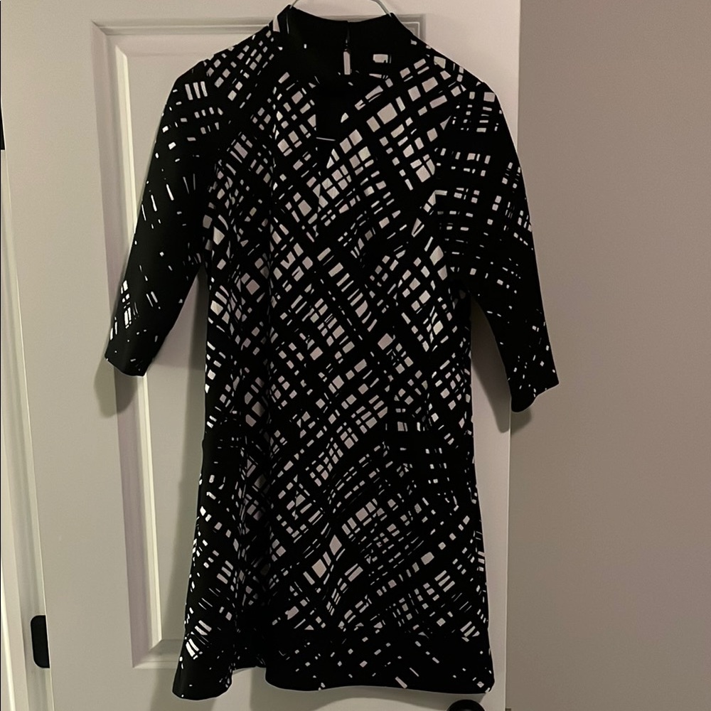 Black and White A-line Cocktail Dress with Mock Neck and 3/4 Raglan Sleeves